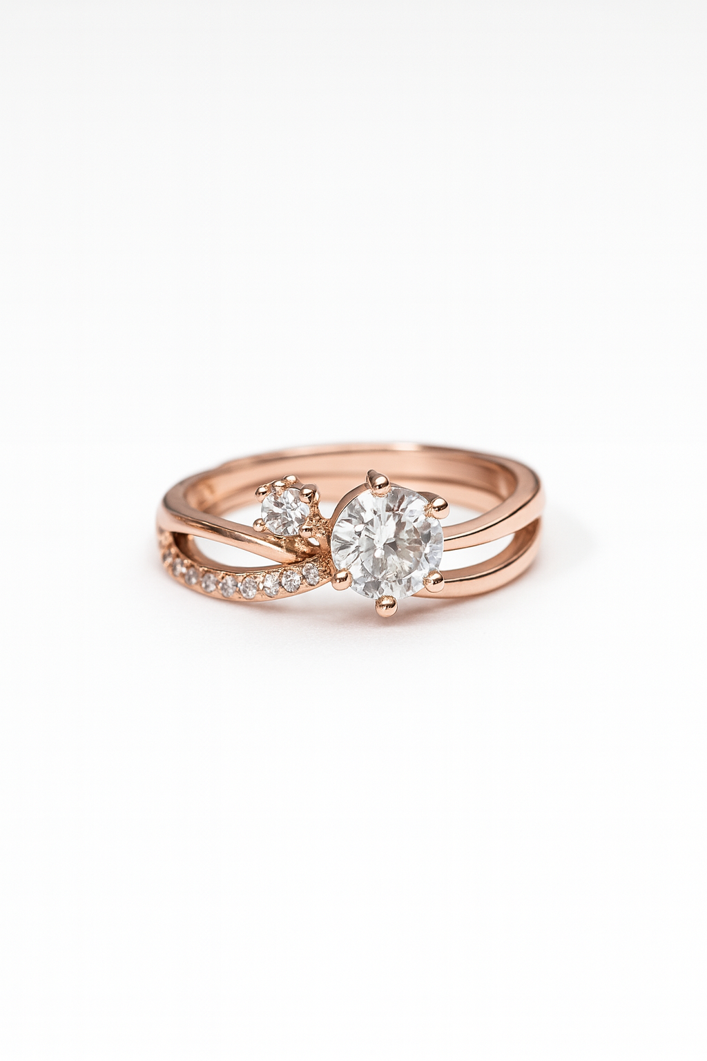 Dual Crystal Rose Gold Ring with Crossover Band | Korean Designer Jewellery l