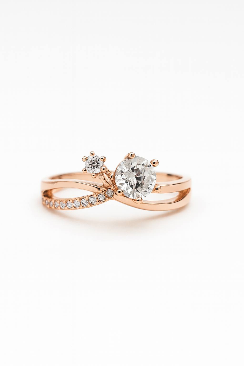Dual Crystal Rose Gold Ring with Crossover Band | Korean Designer Jewellery l