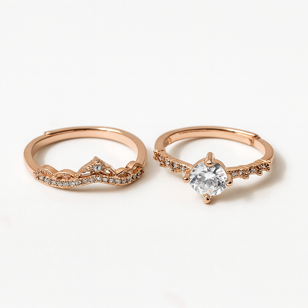Rose Gold Crystal Combo Ring Set (2 Pieces) | Korean Designer Jewellery l