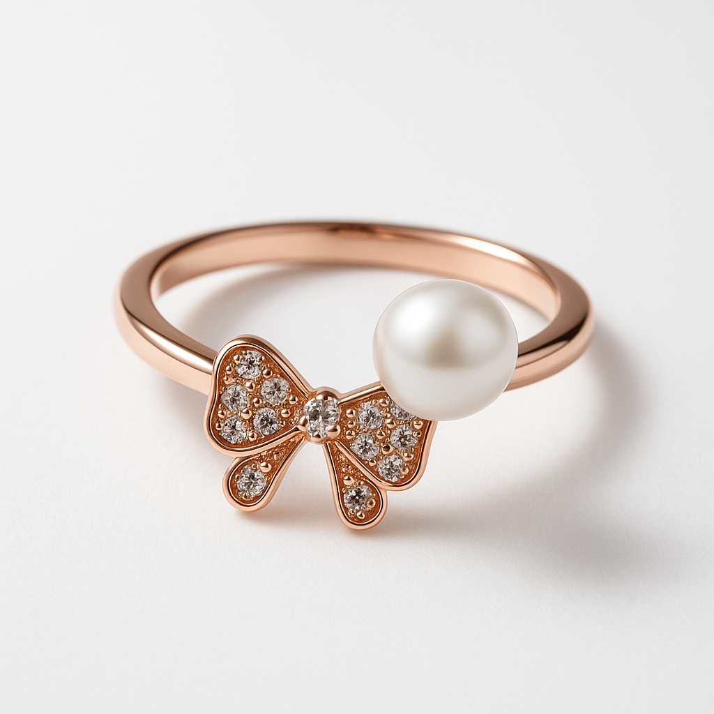 Pearl & Crystal Bow Ring in Rose Gold | Korean Designer Jewellery l