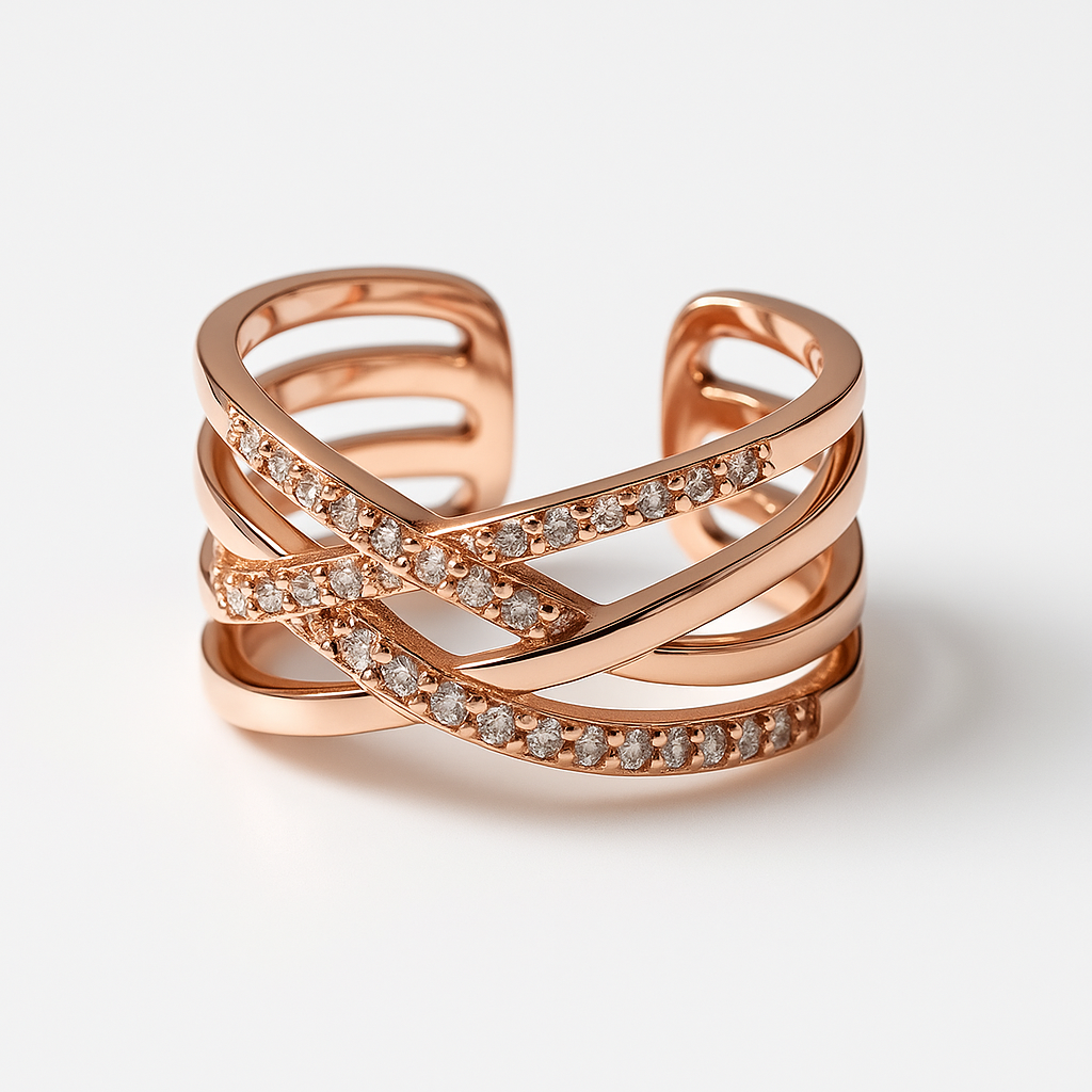 Criss-Cross Crystal Band Ring in Rose Gold | Korean Designer Jewellery l
