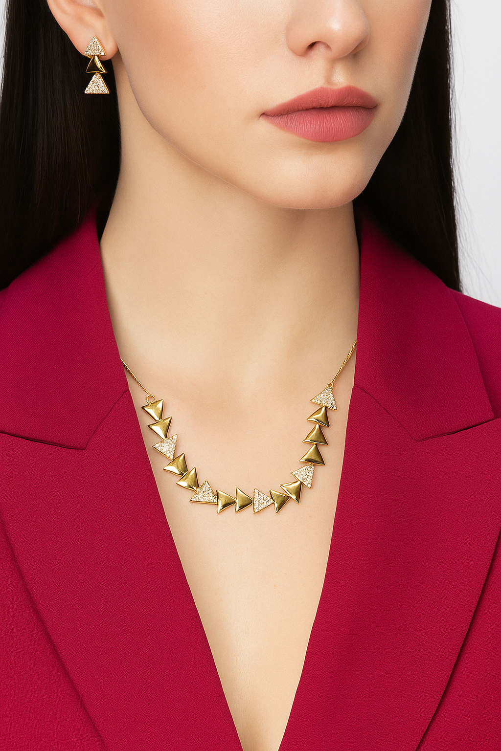 Trendy Gold Plated Triangle Necklace & Earrings Set | Geometric Statement Jewelry