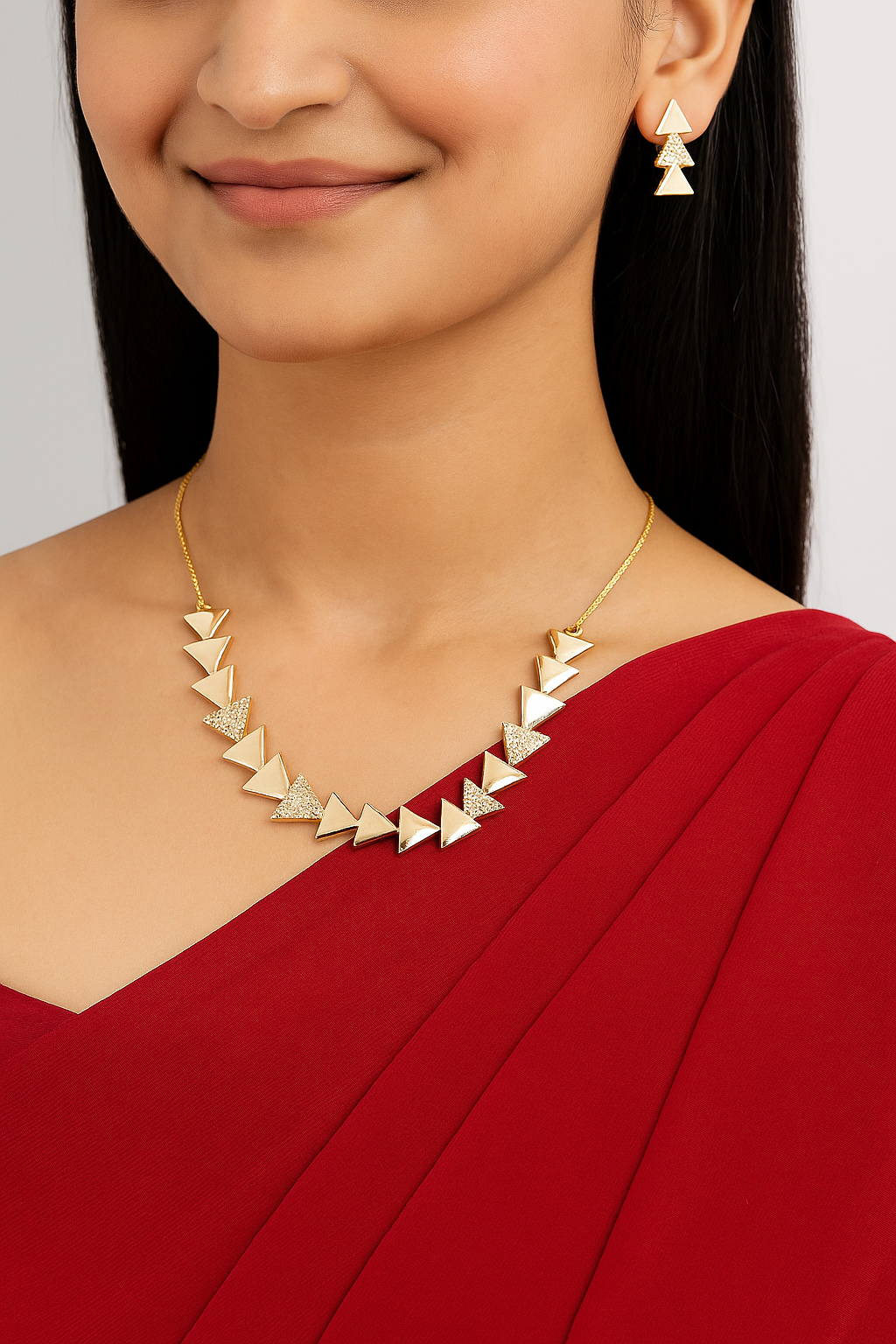 Trendy Gold Plated Triangle Necklace & Earrings Set | Geometric Statement Jewelry