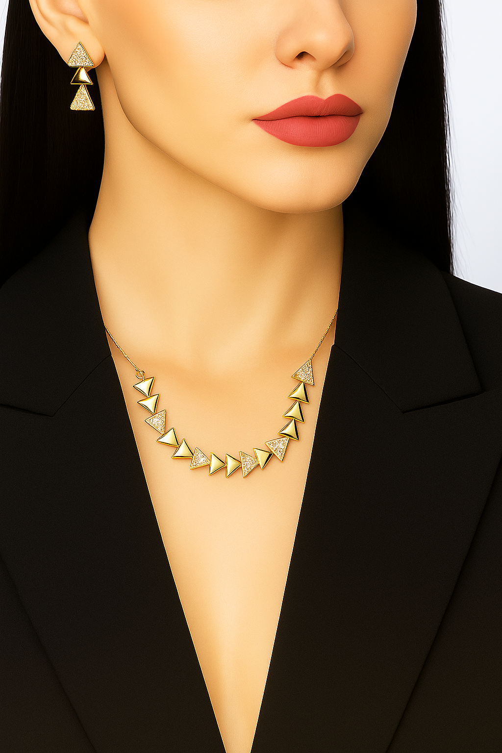 Trendy Gold Plated Triangle Necklace & Earrings Set | Geometric Statement Jewelry
