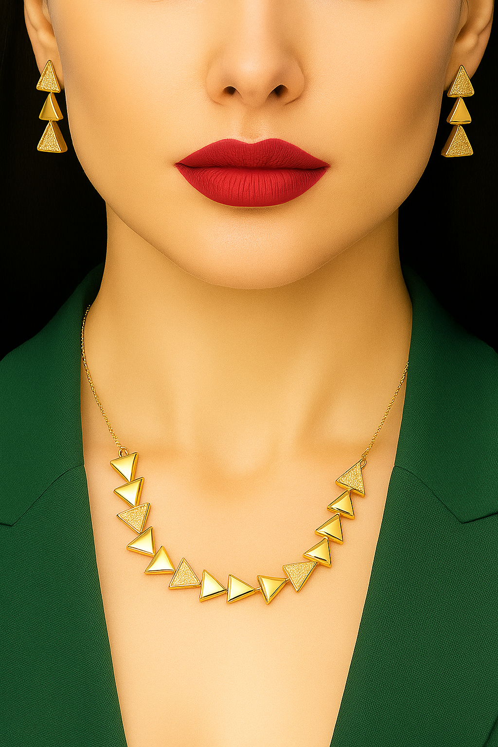 Trendy Gold Plated Triangle Necklace & Earrings Set | Geometric Statement Jewelry