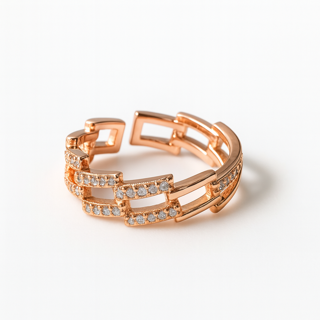 Geometric Chain-Link Crystal Ring in Rose Gold | Korean Designer Jewellery l