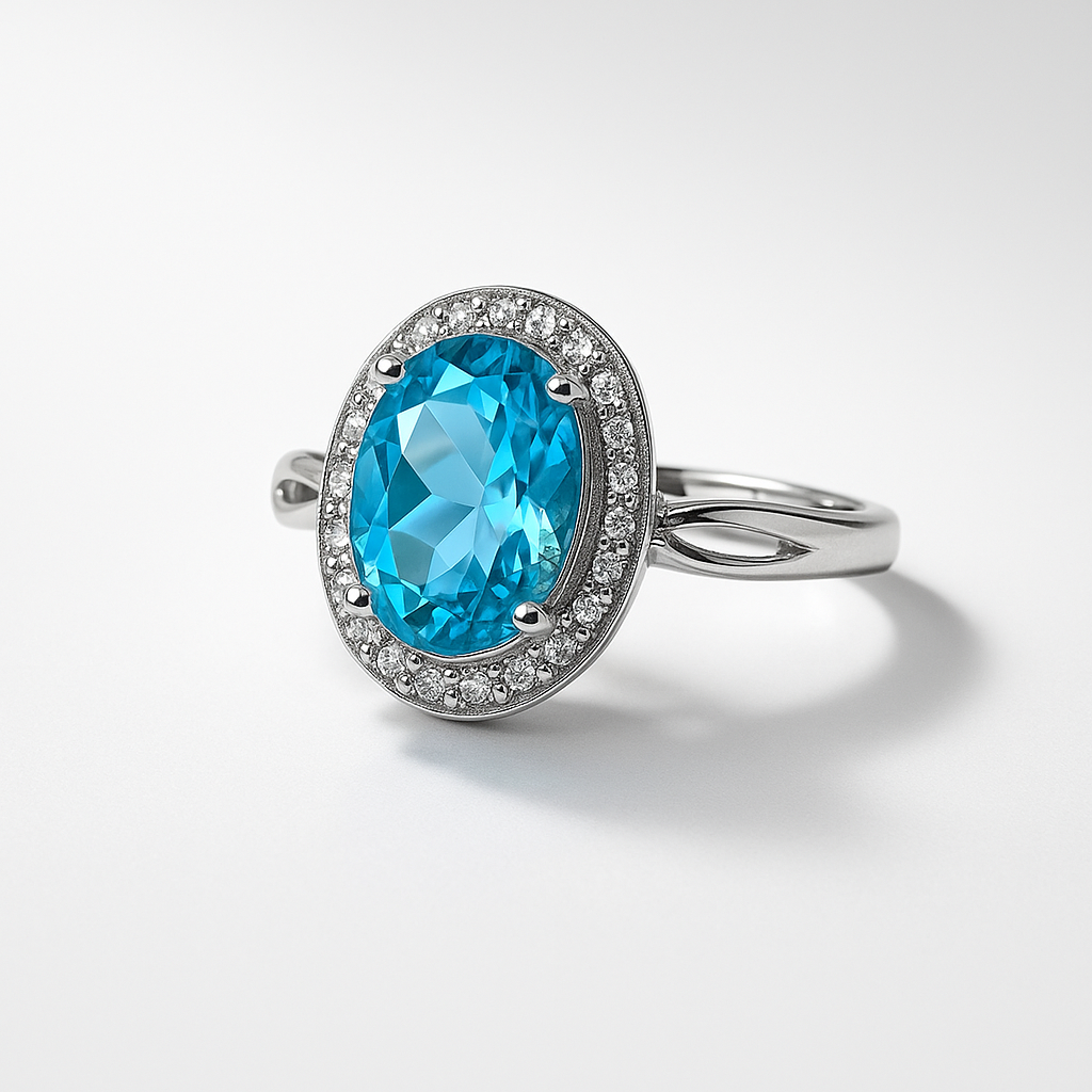 Oval Blue Gem Halo Ring | Anti Tarnish | Stainless Steel