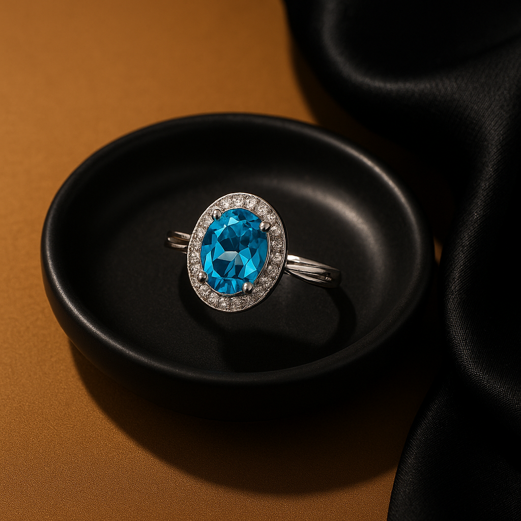 Oval Blue Gem Halo Ring | Anti Tarnish | Stainless Steel