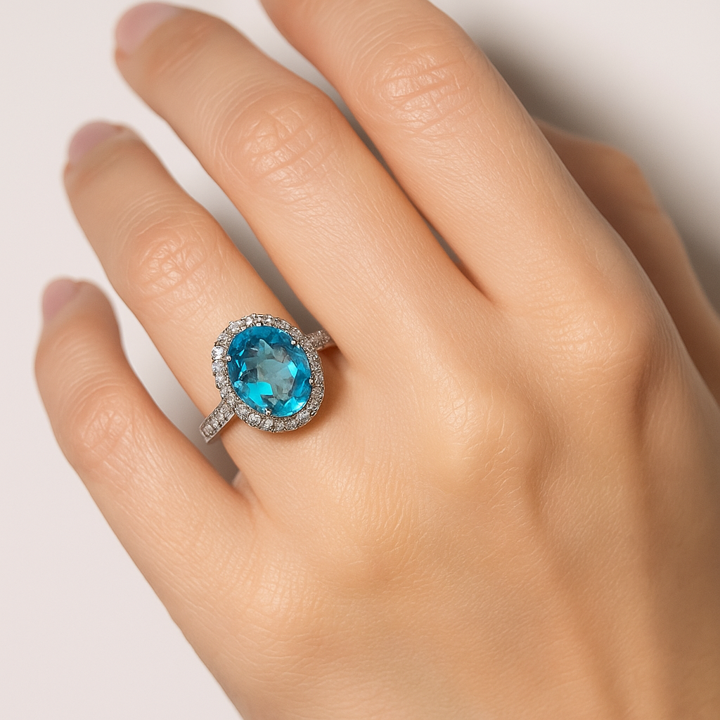 Oval Blue Halo Sparkle Ring | Anti Tarnish | Stainless Steel