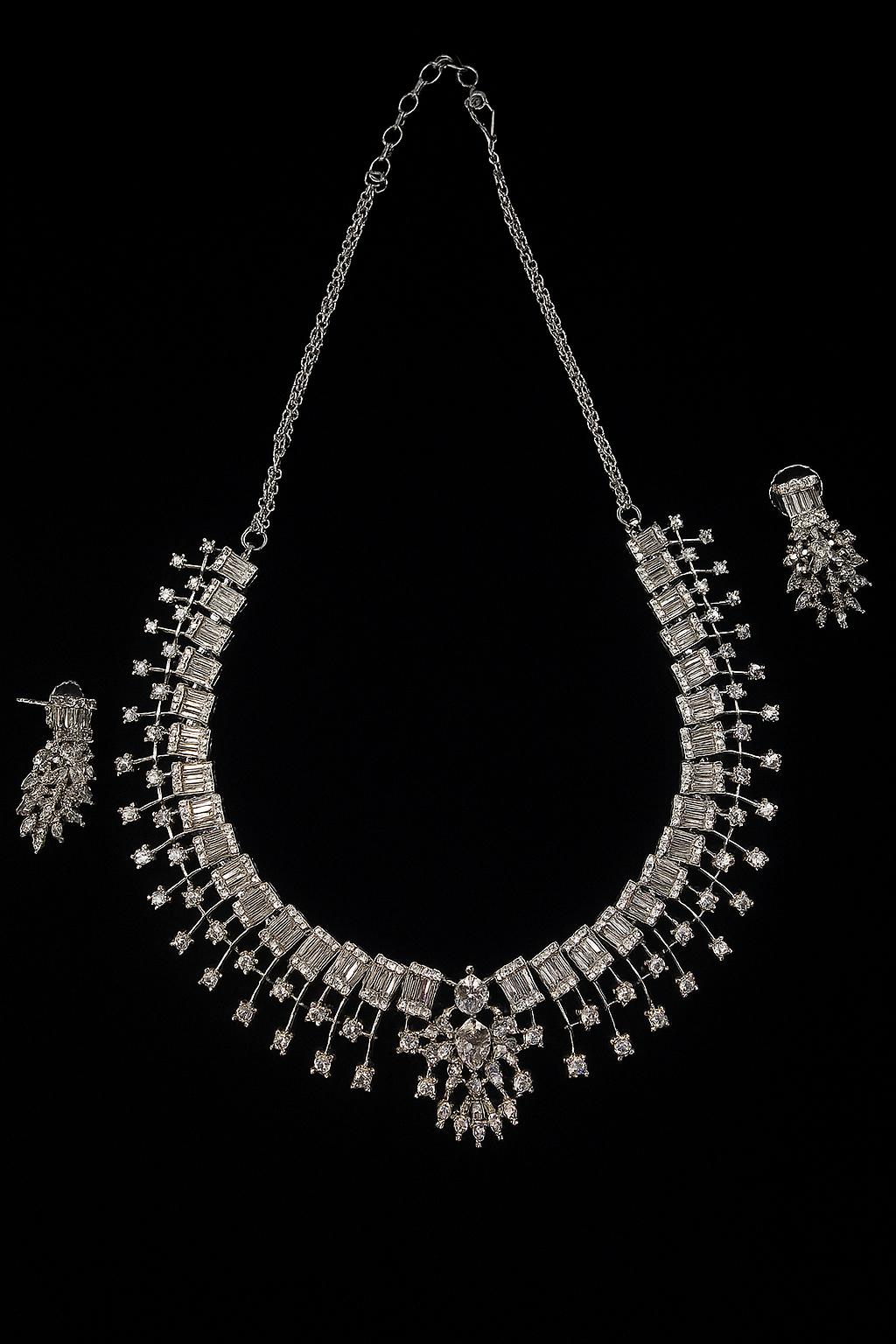 Luxury Silver Plated Diamond Look Necklace & Earrings Set | Bridal Wedding Jewelry
