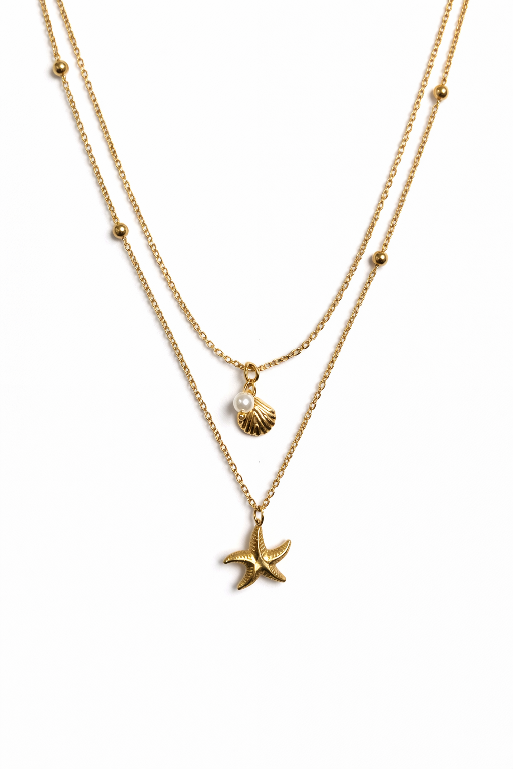 Ocean-Inspired Layered Starfish & Shell Necklace – Gold Finish | Anti Tarnish Stainless Steel