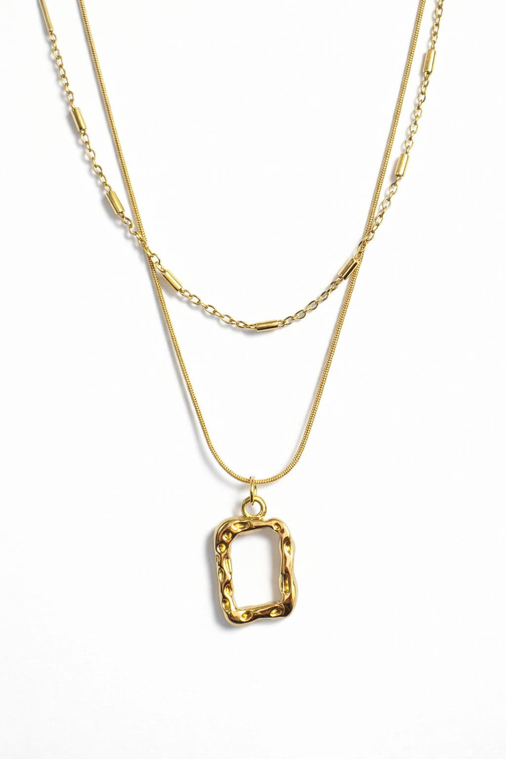 Layered Geometric Frame Pendant Necklace – Gold Tone Double Chain | Anti Tarnish Stainless Steel