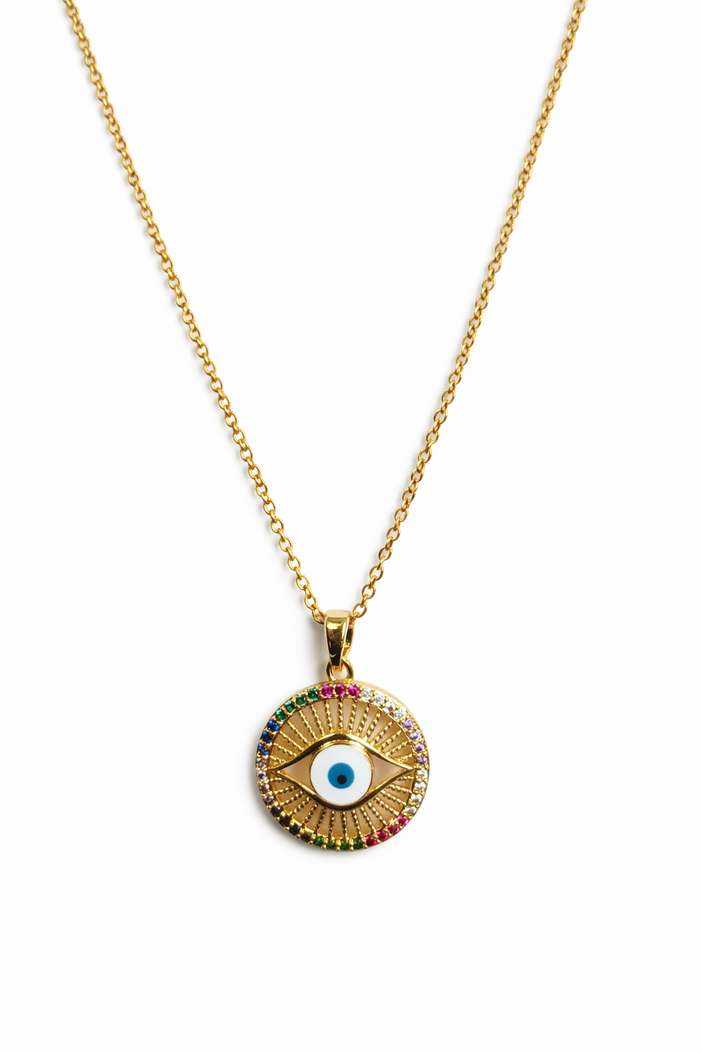 Evil Eye Round Pendant Necklace – Gold Tone Multicolor Charm | Anti Tarnish Stainless Steel