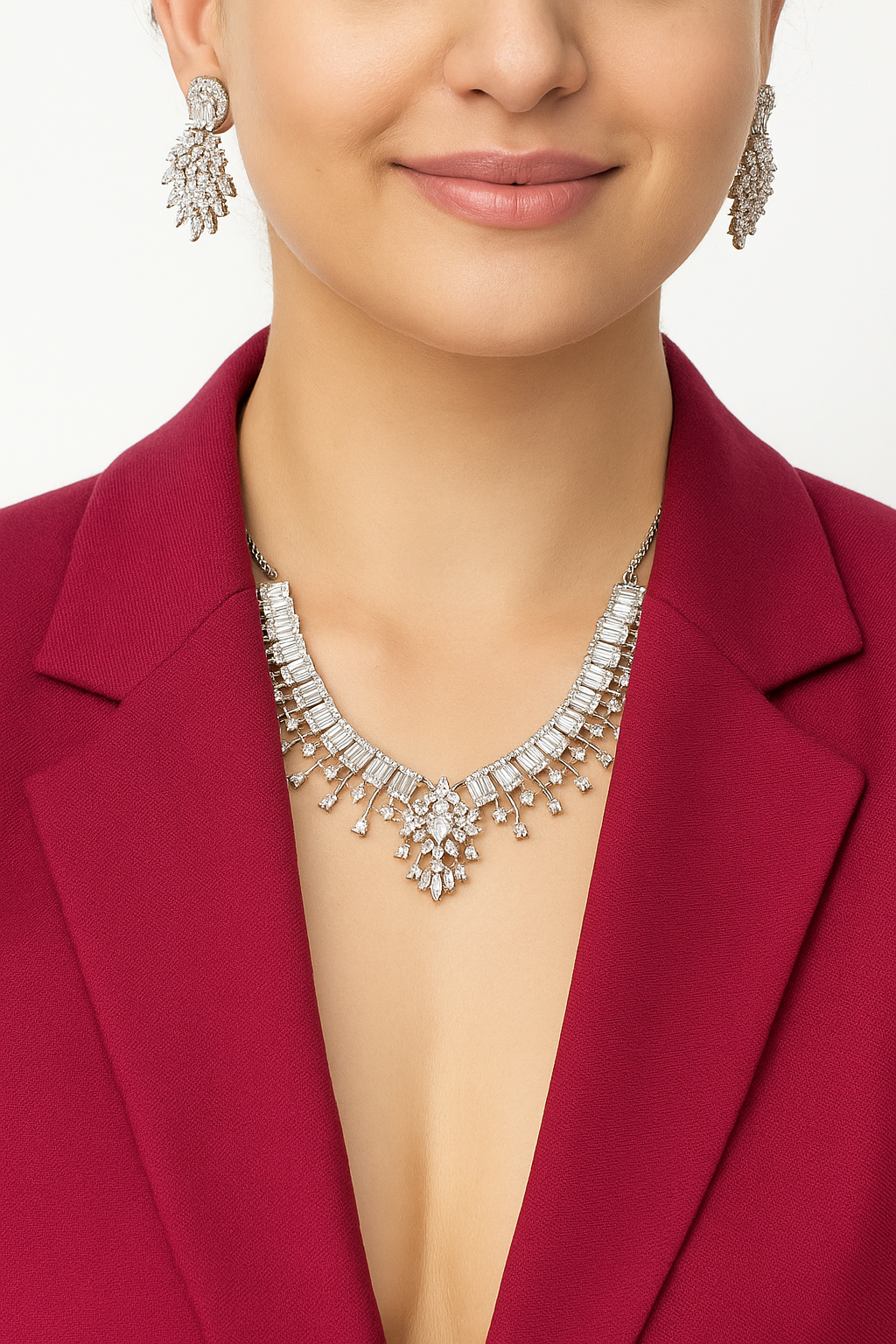 Luxury Silver Plated Diamond Look Necklace & Earrings Set | Bridal Wedding Jewelry