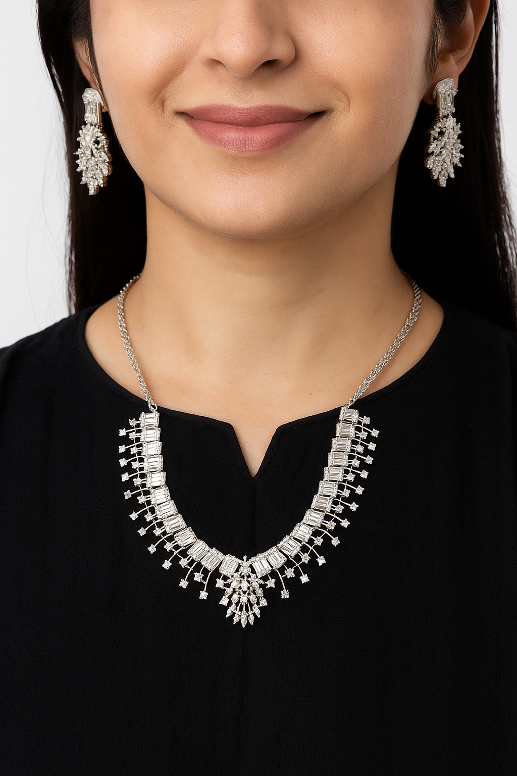 Luxury Silver Plated Diamond Look Necklace & Earrings Set | Bridal Wedding Jewelry