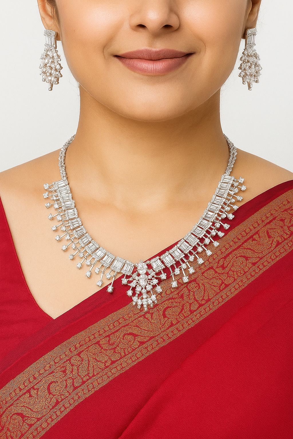 Luxury Silver Plated Diamond Look Necklace & Earrings Set | Bridal Wedding Jewelry
