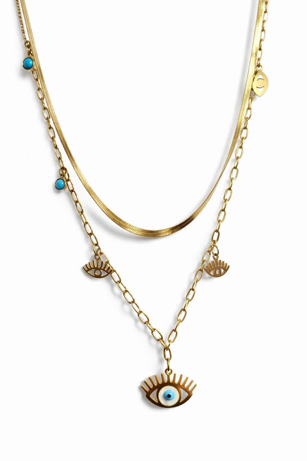 Layered Evil Eye Charm Necklace – Gold Tone Double Chain Design | Anti Tarnish Stainless Steel