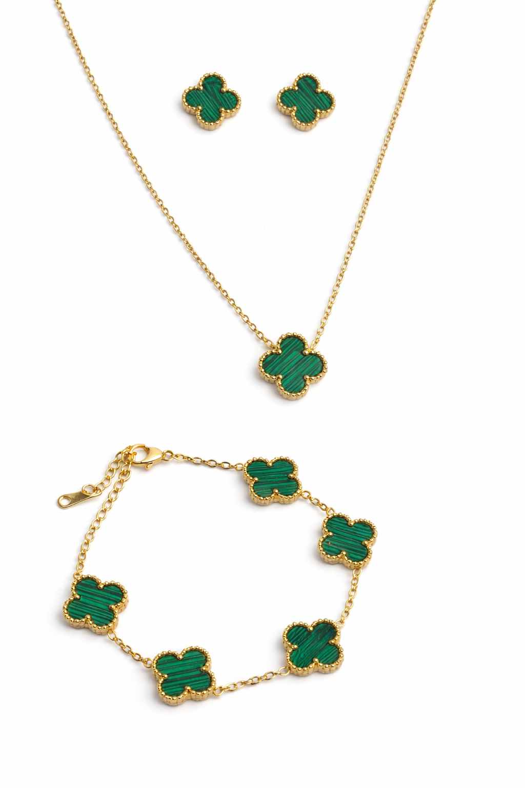 Green with Gold Finish Anti-Tarnish Necklace, Earrings & Bracelet Set for Women | Anti Tarnish | Stainless Steel