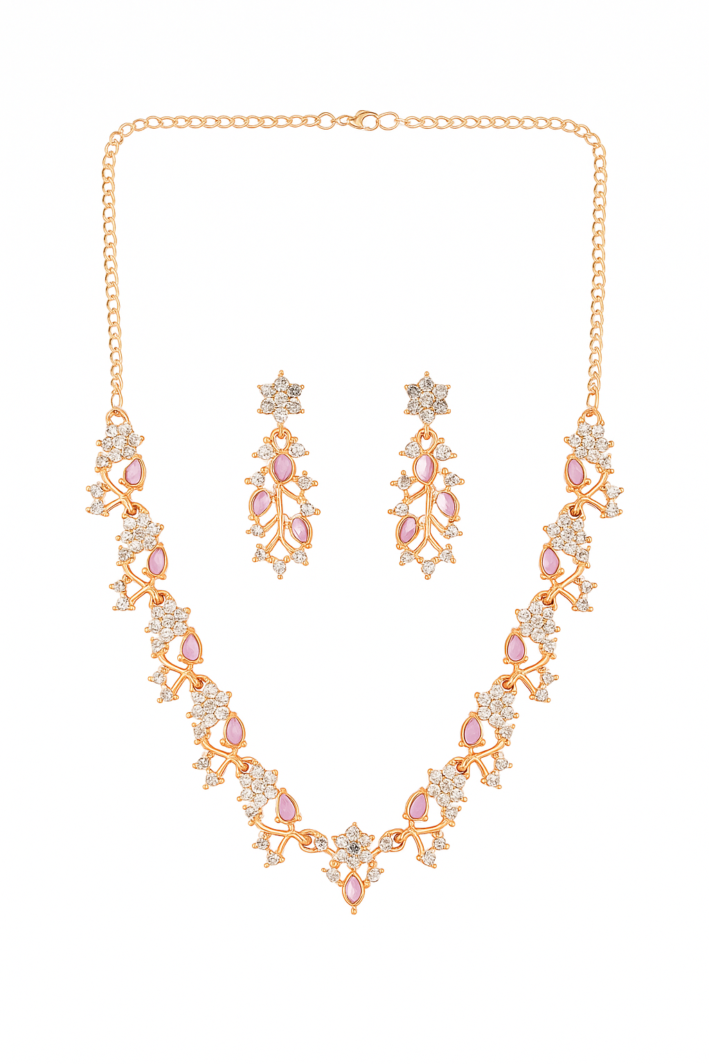 Graceful Pink Stone Floral Indian Ethnic Necklace with Earrings