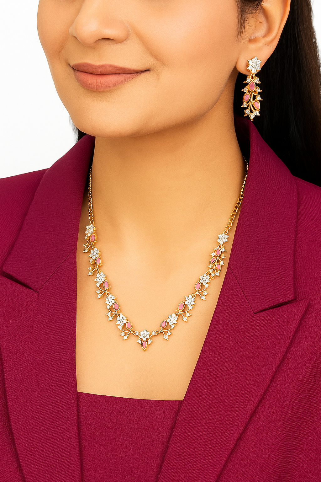 Graceful Pink Stone Floral Indian Ethnic Necklace with Earrings