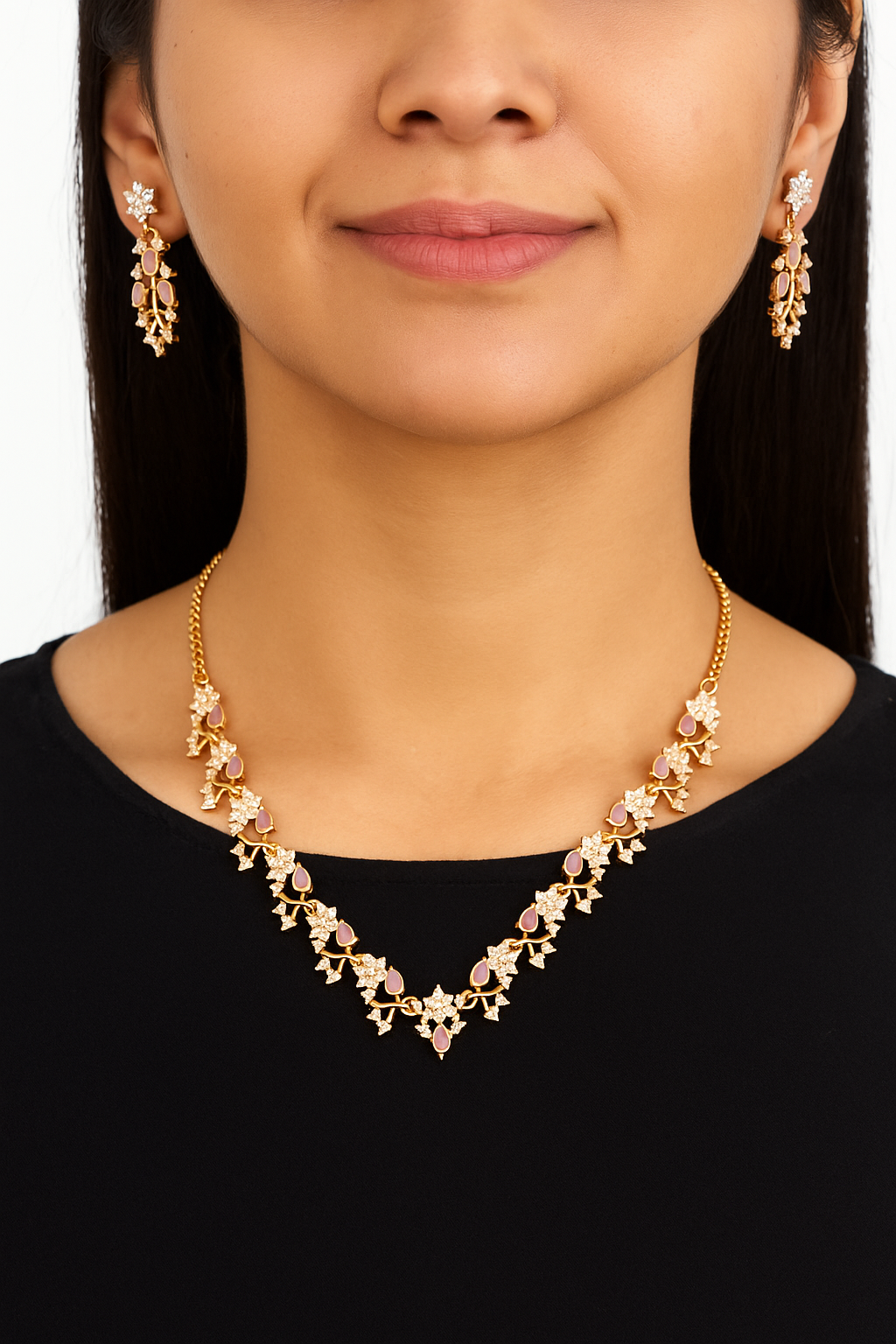 Graceful Pink Stone Floral Indian Ethnic Necklace with Earrings