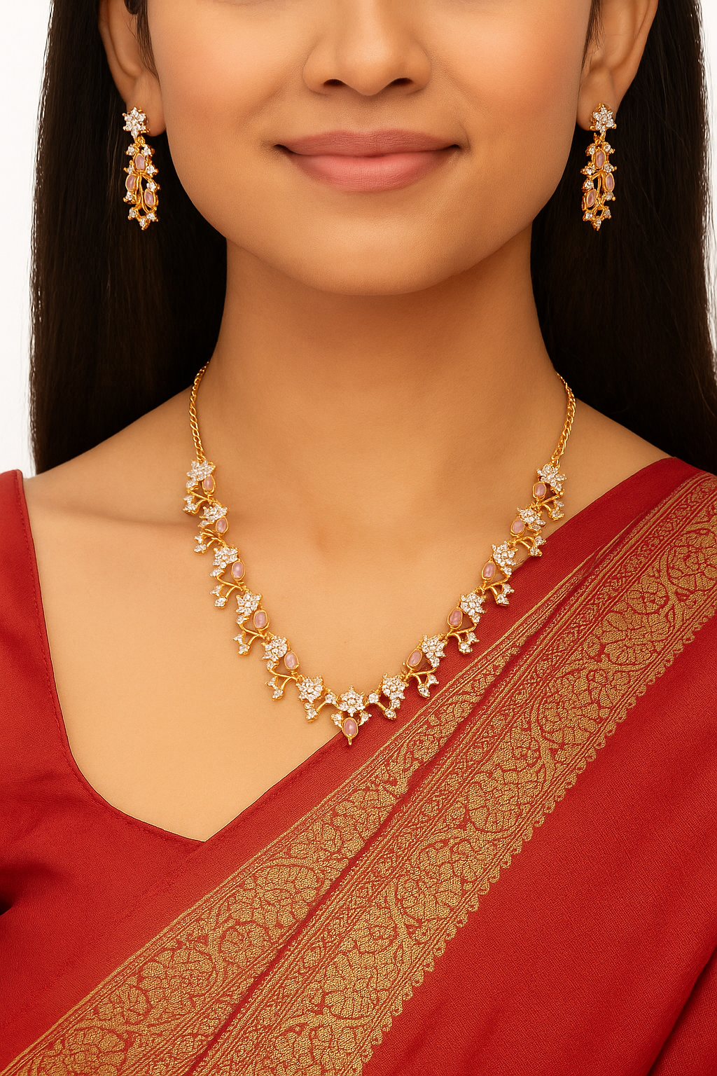 Graceful Pink Stone Floral Indian Ethnic Necklace with Earrings