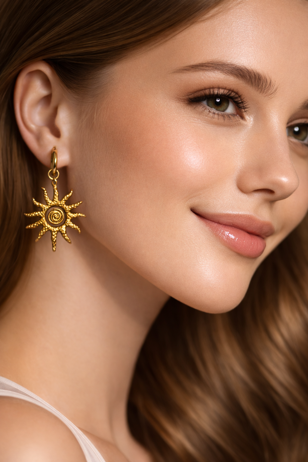 Spiral Sun Drop Hoop Earrings – Gold Tone Celestial Design | Anti Tarnish Stainless Steel