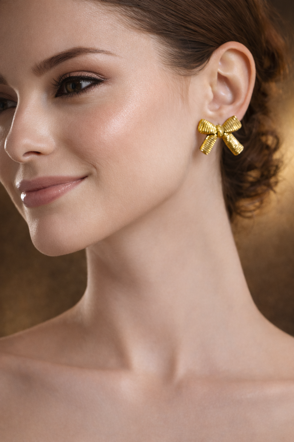 Textured Bow Stud Earrings – Gold Tone Elegant Ribbon Design | Anti Tarnish Stainless Steel