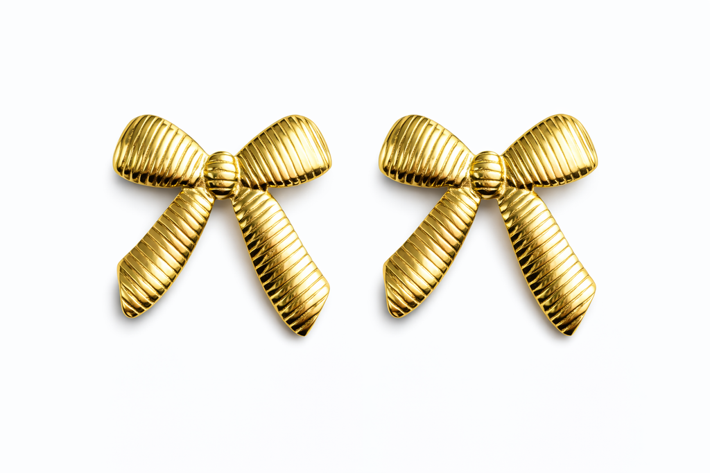 Textured Bow Stud Earrings – Gold Tone Elegant Ribbon Design | Anti Tarnish Stainless Steel