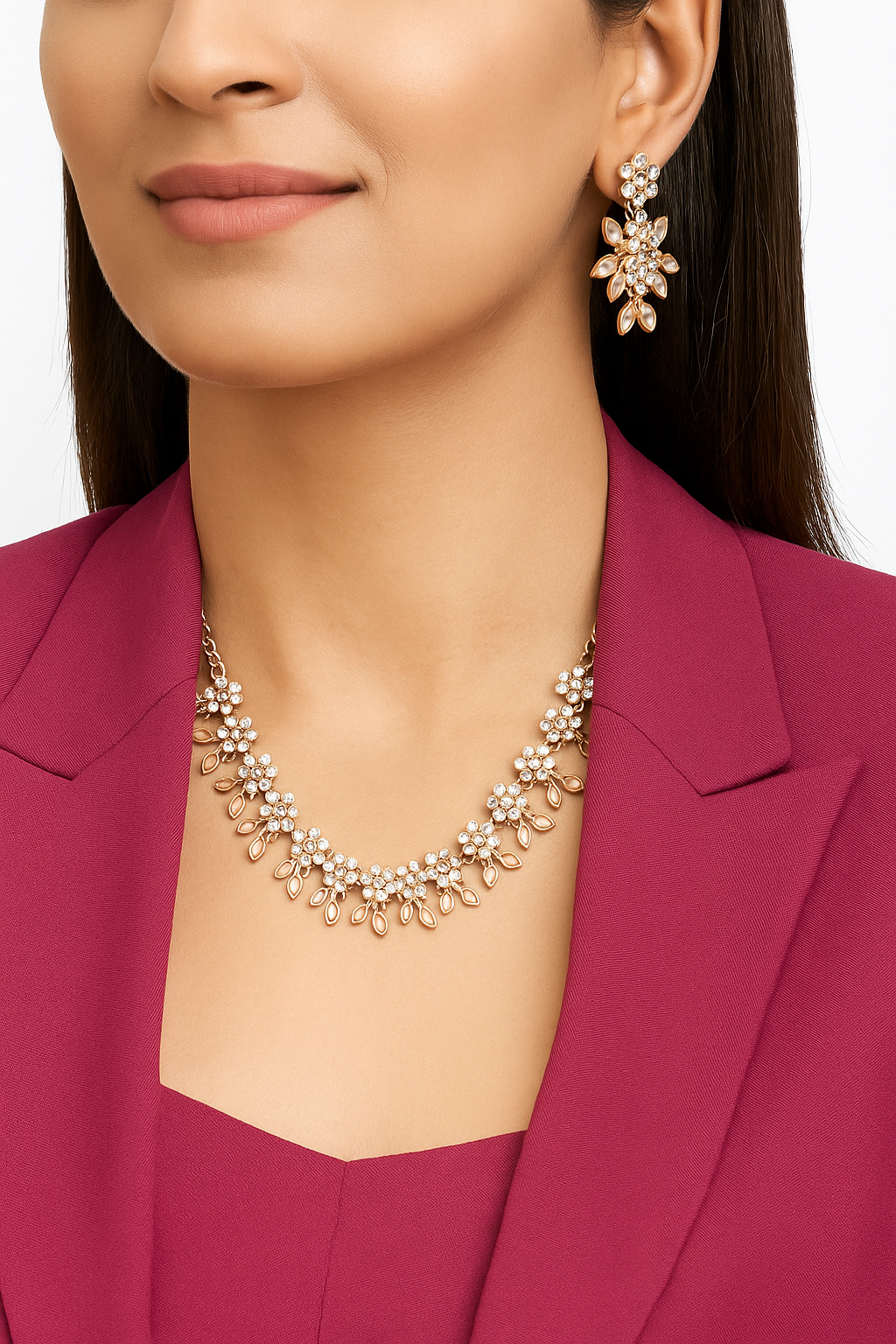 Floral Pink Stone Indian Ethnic Necklace with Earrings