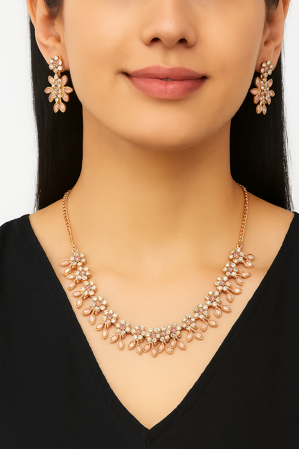 Floral Pink Stone Indian Ethnic Necklace with Earrings
