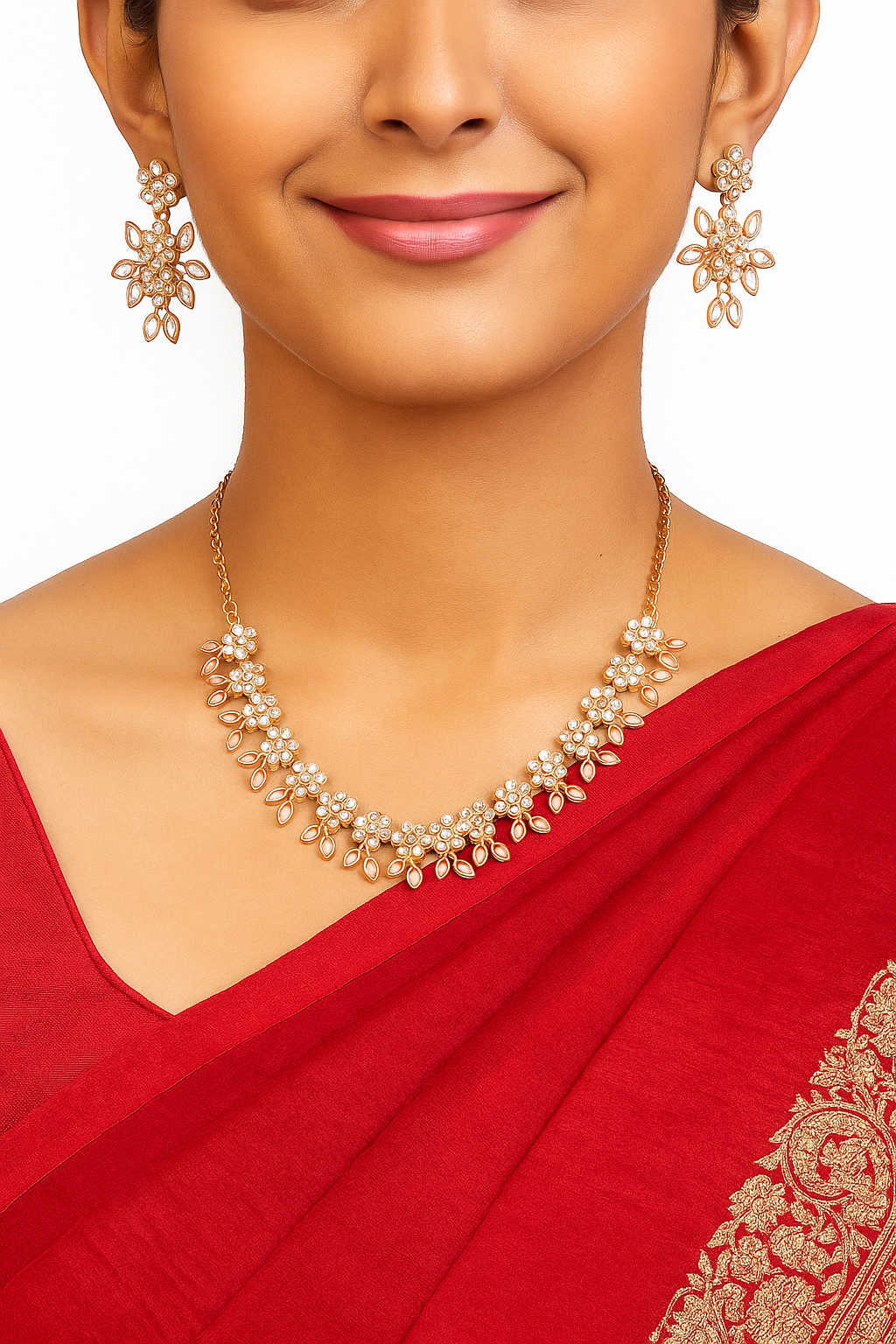 Floral Pink Stone Indian Ethnic Necklace with Earrings