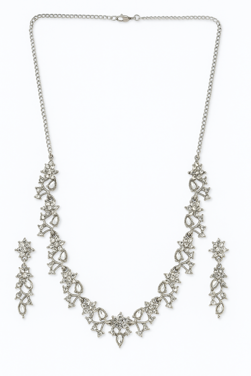 Sparkling Silver-Toned Indian Ethnic Necklace with Earrings