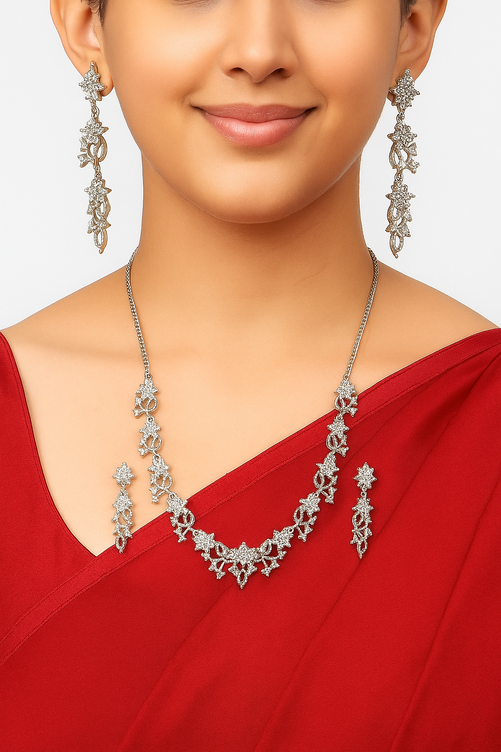 Sparkling Silver-Toned Indian Ethnic Necklace with Earrings