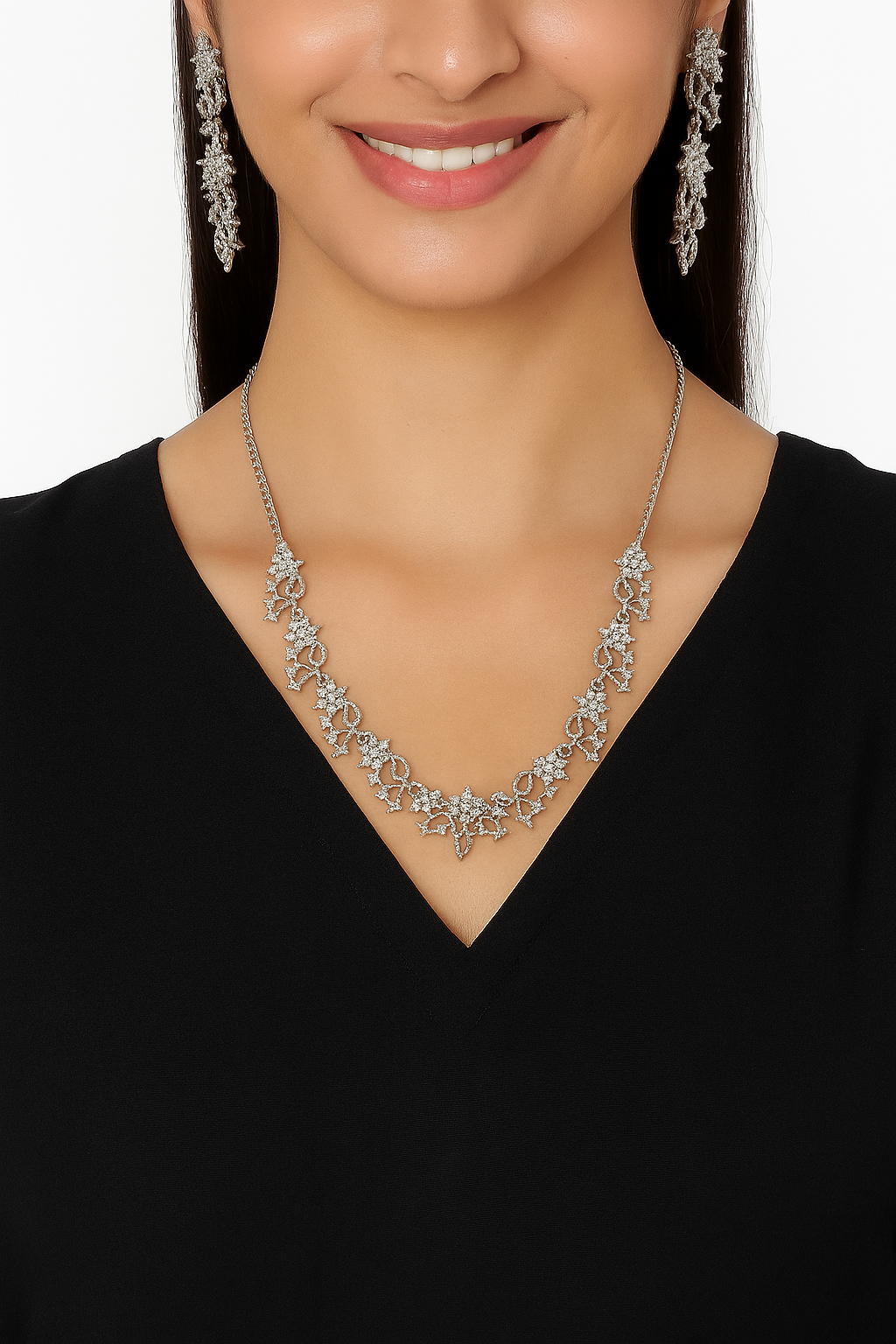Sparkling Silver-Toned Indian Ethnic Necklace with Earrings