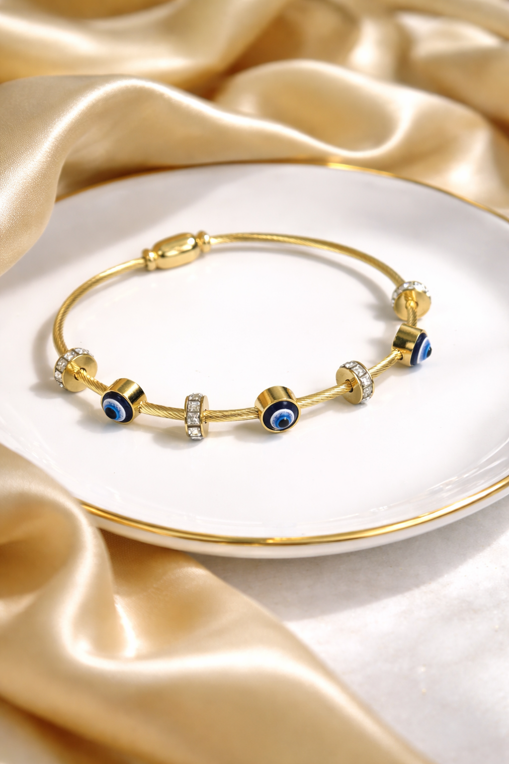 Gold Evil Eye Charm Bracelet for Women – Blue & Crystal Accents | Anti Tarnish Stainless Steel