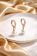 Crystal-Studded Pearl Drop Hoop Earrings | Korean Designer Jewellery