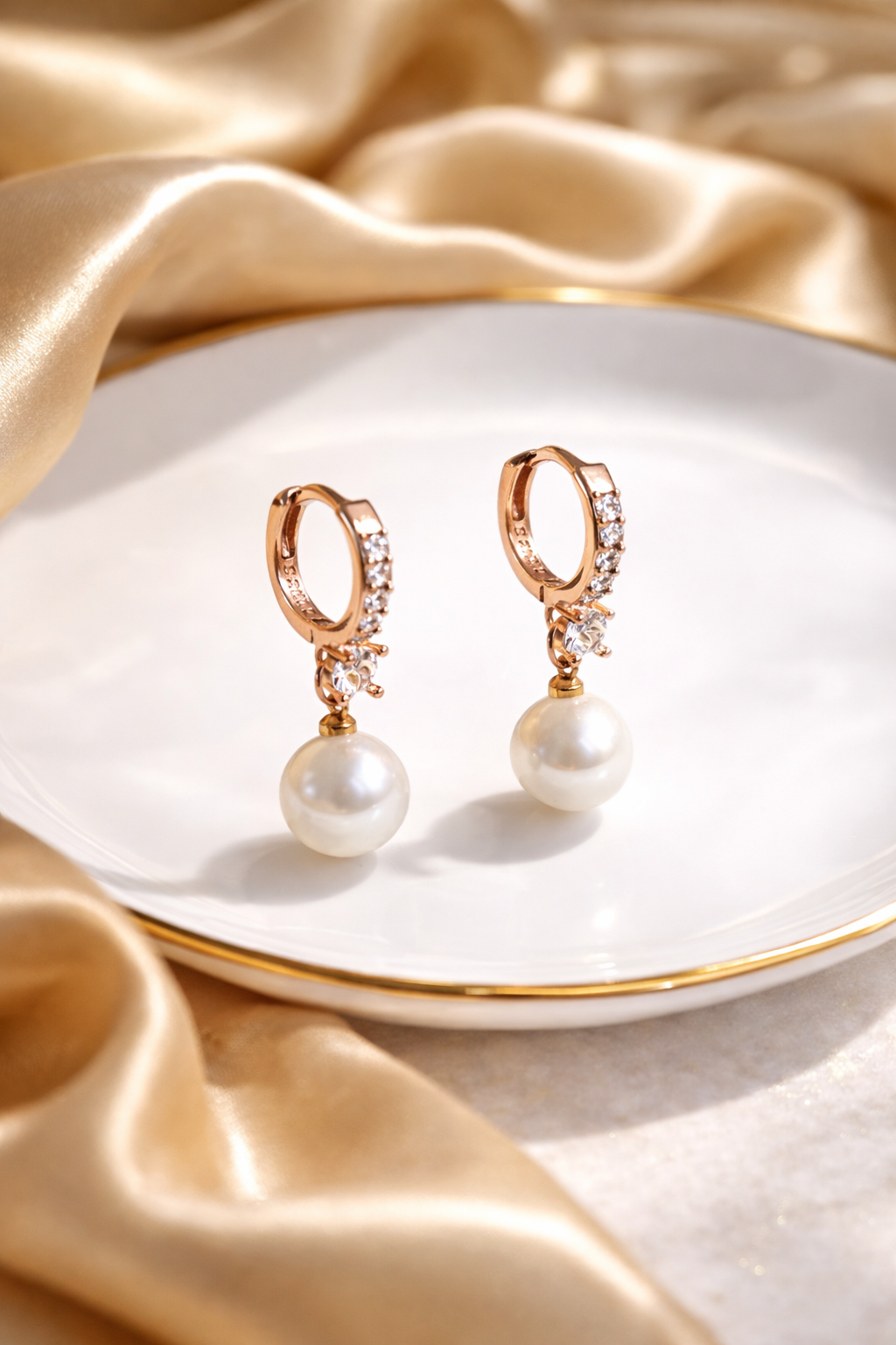 Crystal-Studded Pearl Drop Hoop Earrings | Korean Designer Jewellery