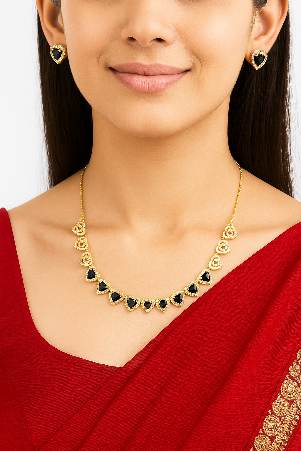 Elegant Black Heart Necklace & Earrings Set | Gold Plated | Sparkling Zircon Stones