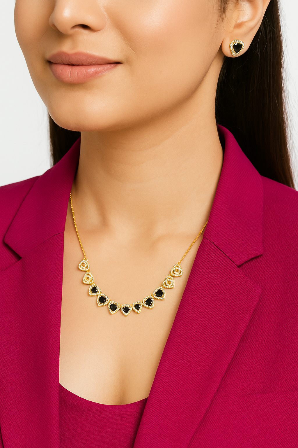 Elegant Black Heart Necklace & Earrings Set | Gold Plated | Sparkling Zircon Stones