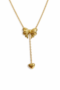 Gold Bow & Heart Drop Pendant Necklace for Women – Elegant Feminine Jewelry | Anti Tarnish - Stainless Steel