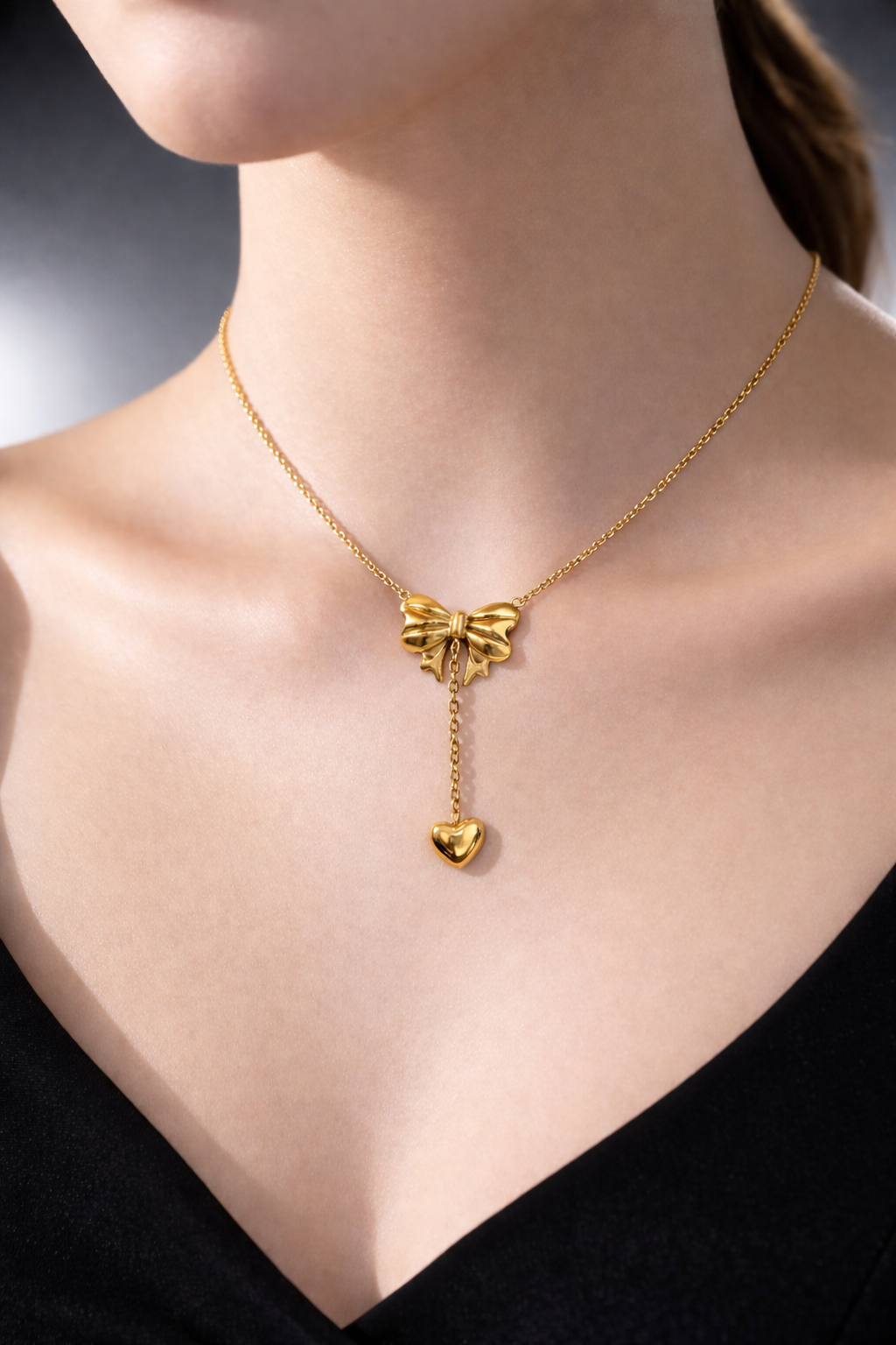 Gold Bow & Heart Drop Pendant Necklace for Women – Elegant Feminine Jewelry | Anti Tarnish - Stainless Steel