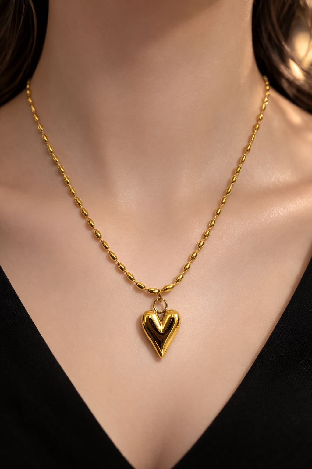 Gold Heart Pendant Beaded Necklace for Women – Elegant Romantic Jewelry | Anti Tarnish - Stainless Steel