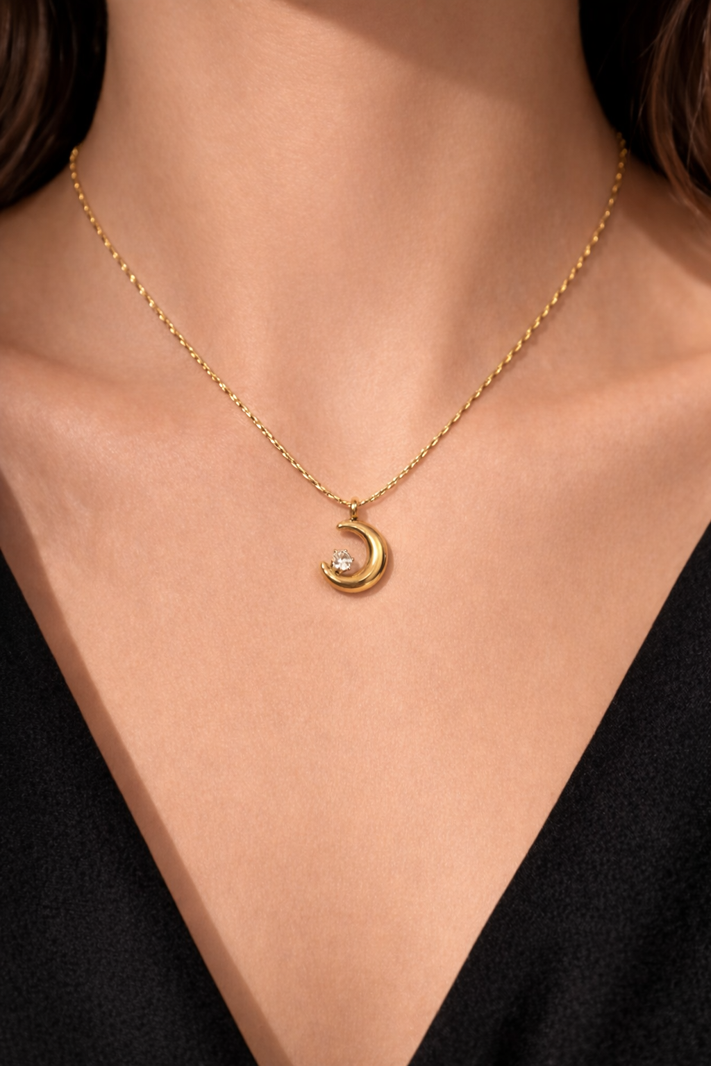 Gold Crescent Moon Crystal Pendant Necklace for Women – Elegant Celestial Jewelry | Anti Tarnish - Stainless Steel