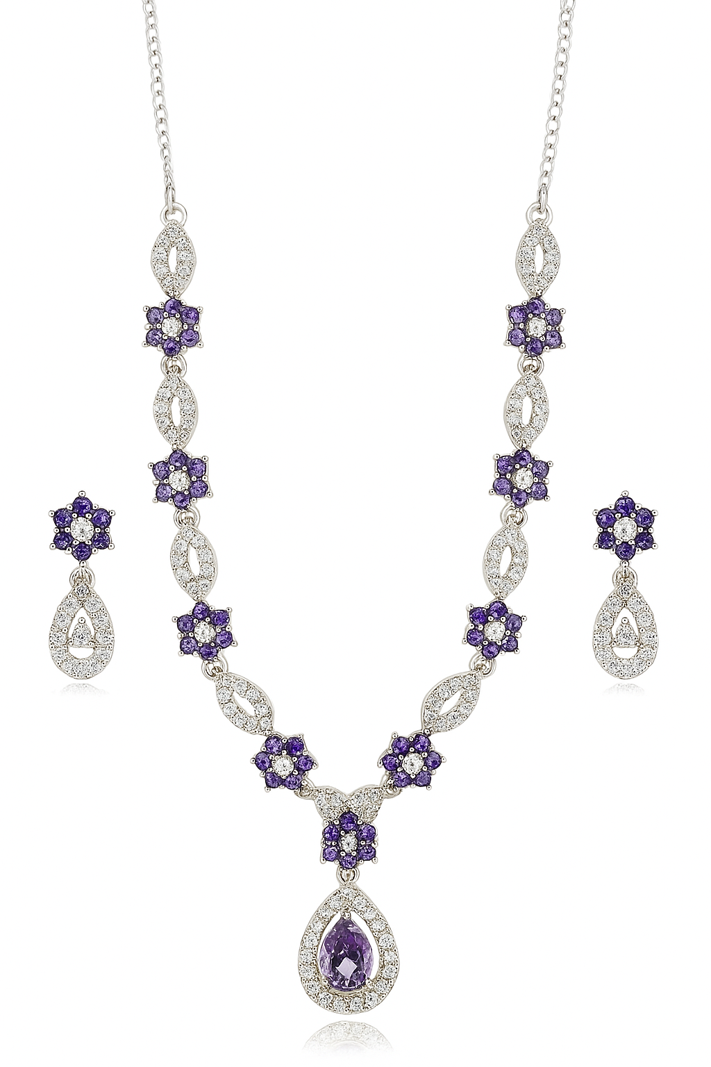 Silver-Toned Indian Ethnic Necklace with Purple Stone & Matching Earrings