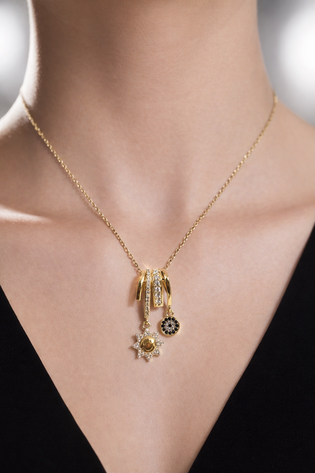 Gold Sun & Evil Eye Crystal Charm Necklace for Women – Trendy Lucky Charm Jewelry | Anti Tarnish - Stainless Steel