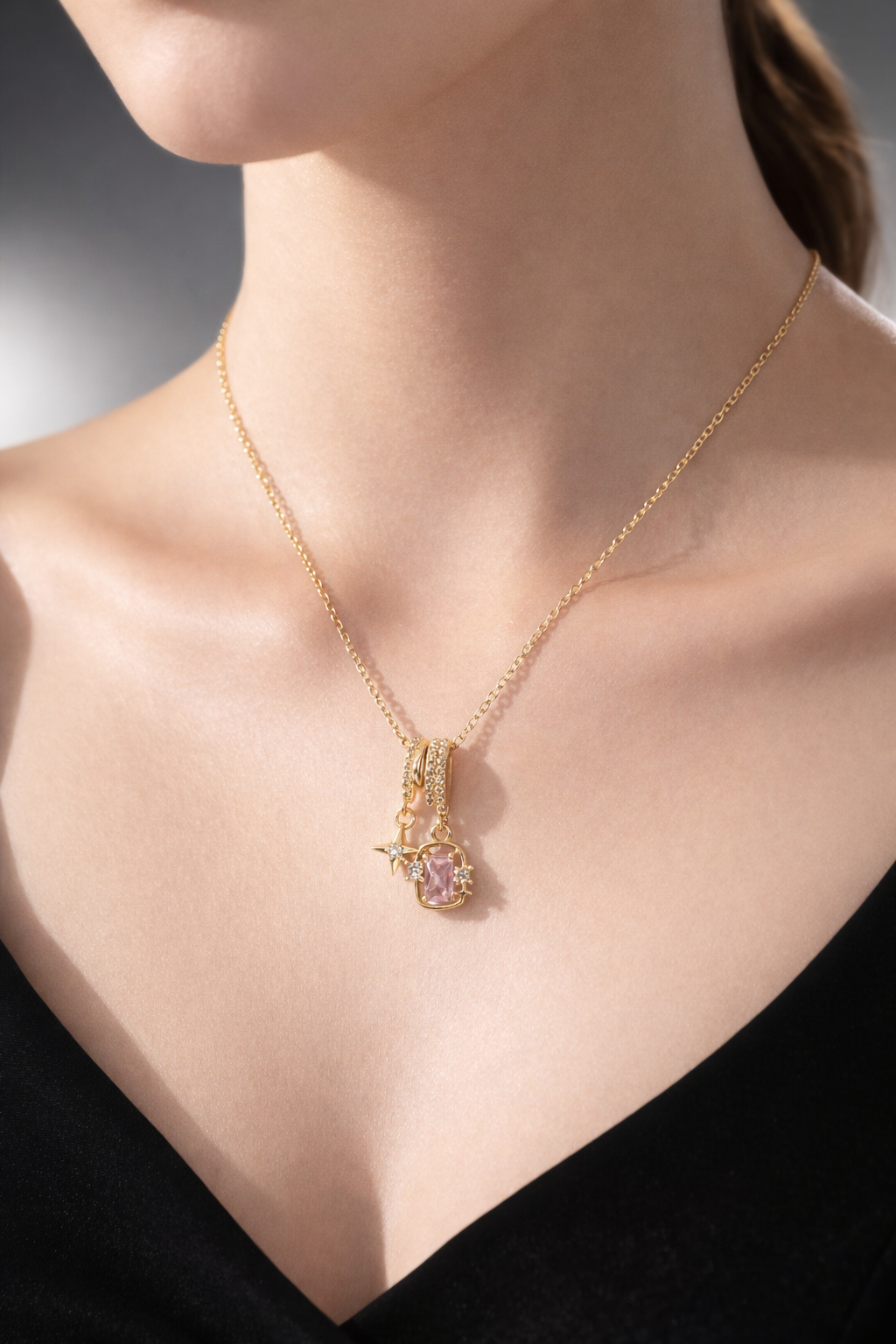 Gold Pink Crystal Star Charm Pendant Necklace for Women – Elegant Sparkling Jewelry | Anti Tarnish - Stainless Steel