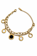 Luxury Gold Charm Bracelet with Black & White Stone Roman Dial Design for Women – Stylish Layered Chain Bracelet | Anti Tarnish - Stainless Steel