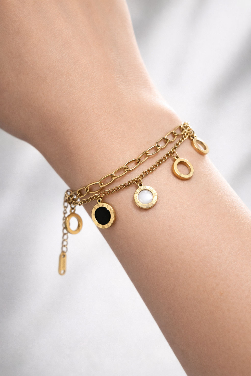 Luxury Gold Charm Bracelet with Black & White Stone Roman Dial Design for Women – Stylish Layered Chain Bracelet | Anti Tarnish - Stainless Steel