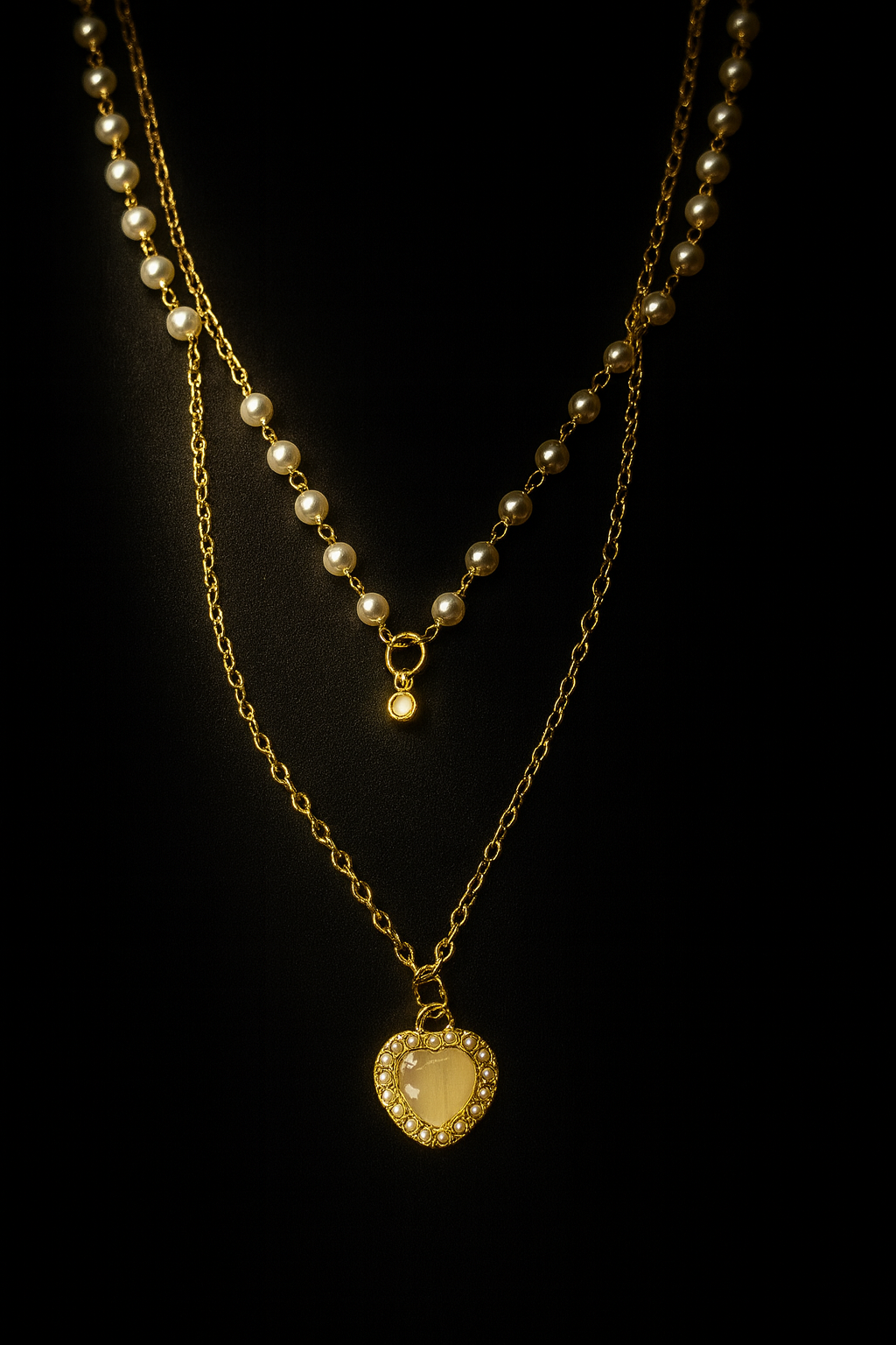 Elegant Layered Pearl & Heart Pendant Necklace | Korean Designer Jewellery